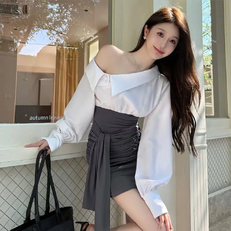 ワンピース 配色 オフショルダー ランタンスリーブ デザイン感