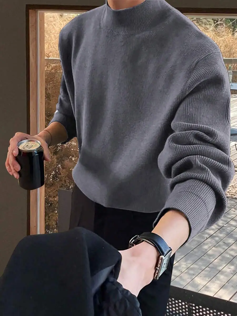 無地 スタンドカラー カジュアル 長袖 プルオーバー セーター