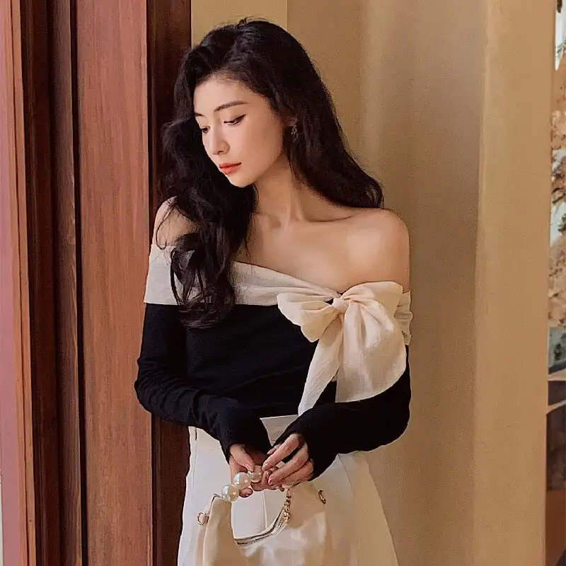 トップス オフショルダー リボン 気質溢れる